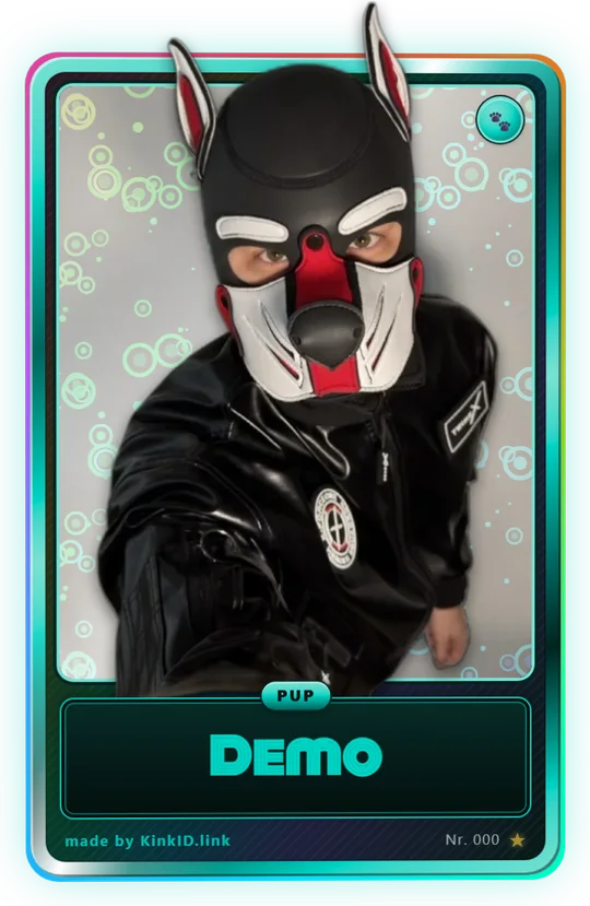 Example of a KinkID card: pup with neoprene hood, holo frame, name plate “Demo”